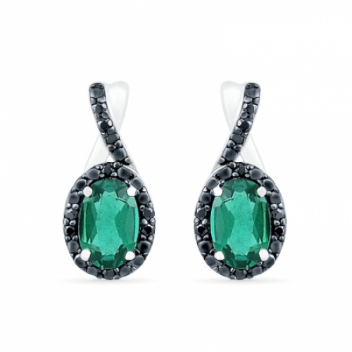 Серьги из серебра с изумрудом и черным бриллиантом
