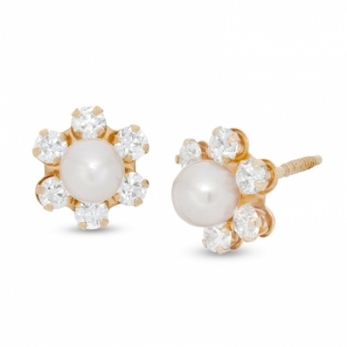 Серьги-гвоздики из желтого золота 585 пробы с белым жемчугом и Swarovski Zirconia