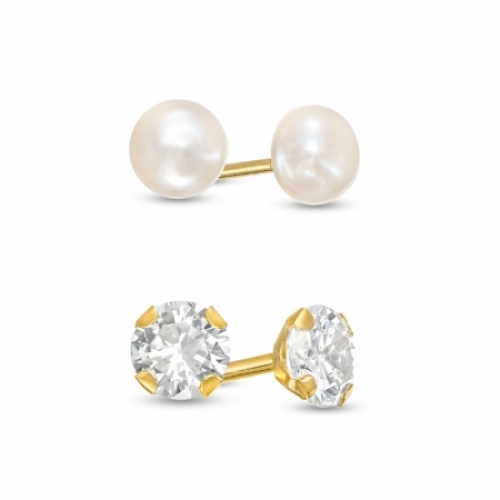 Серьги-гвоздики из желтого золота 585 пробы с белым жемчугом и Swarovski Zirconia