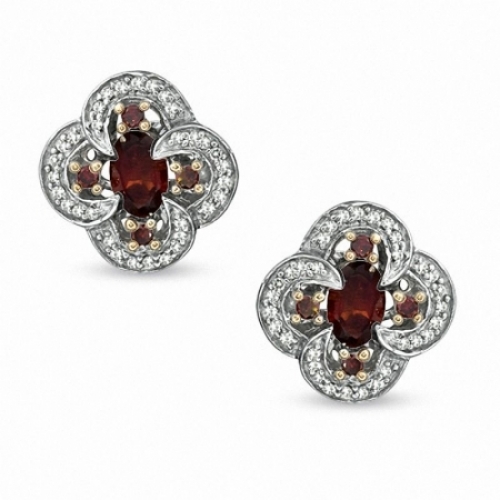 Серьги-гвоздики из серебра с гранатом и бриллиантами