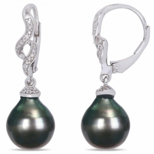 Серьги из серебра с черным жемчугом и бриллиантами