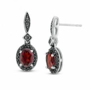 Серьги из серебра с гранатом и черным бриллиантом