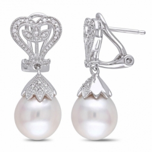 Серьги из серебра с белым жемчугом и бриллиантом