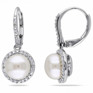 Серьги из серебра с белым жемчугом и бриллиантом