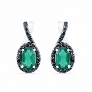 Серьги из серебра с изумрудом и черным бриллиантом