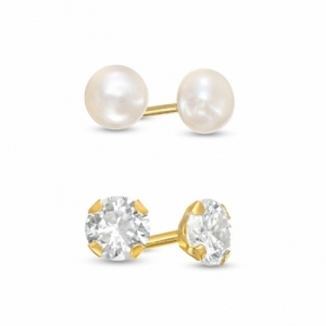 Серьги-гвоздики из желтого золота 585 пробы с белым жемчугом и Swarovski Zirconia