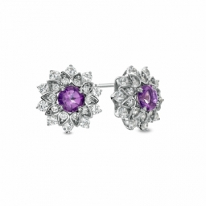 Серьги-гвоздики из серебра с аметистом и белым сапфиром