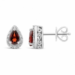 Серьги-гвоздики из серебра с гранатом и бриллиантами